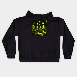 Magical Building Cottage Mushroom House with Lights in Forest with High Trees, Scenery Nature Kids Hoodie